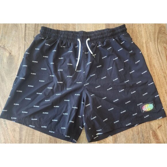 Slunks Shorts Mens XL Black Recycled Polyester Lined Swim Trunks Quotes Athletic - Picture 1 of 13